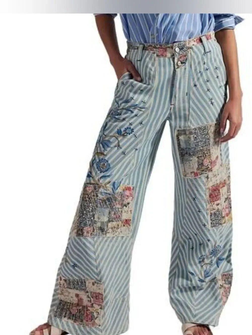 Free People Runyon Patch Light Blue Striped Wide-Leg Embroidered Jeans - Picture 3 of 12